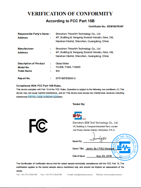 As séries de YG anotam o certificado do FCC do medidor